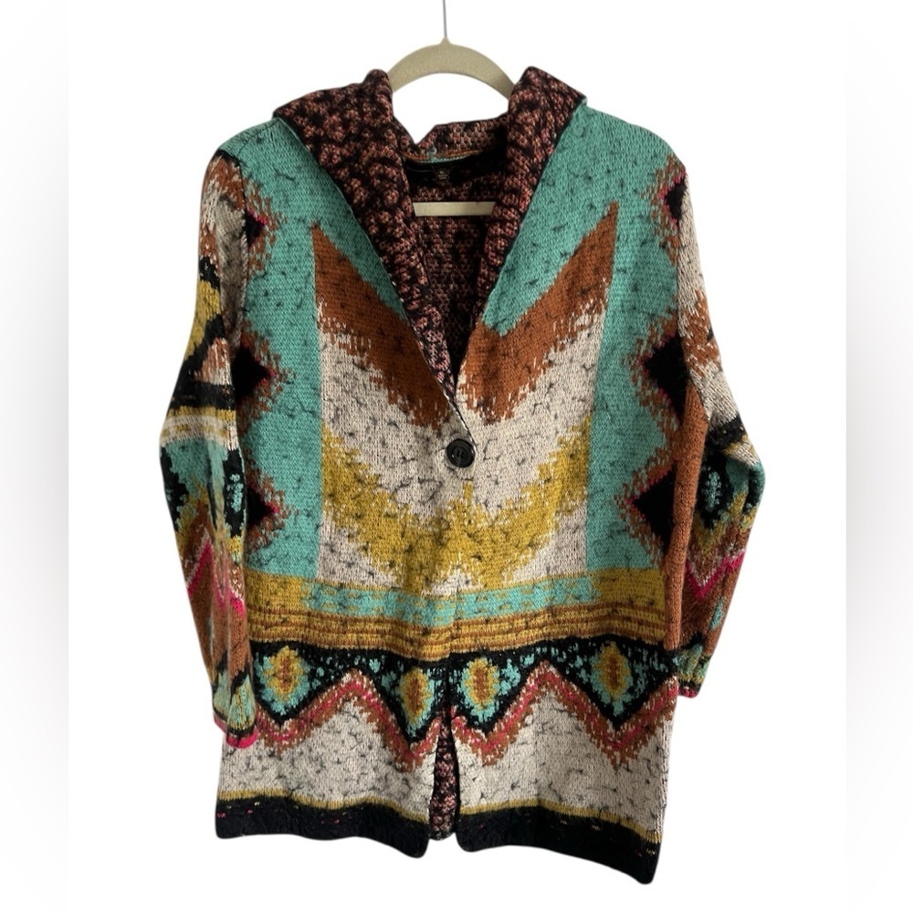 MAXSPORT Hooded Cardigan in Ivory/Turq Multi Sz XL